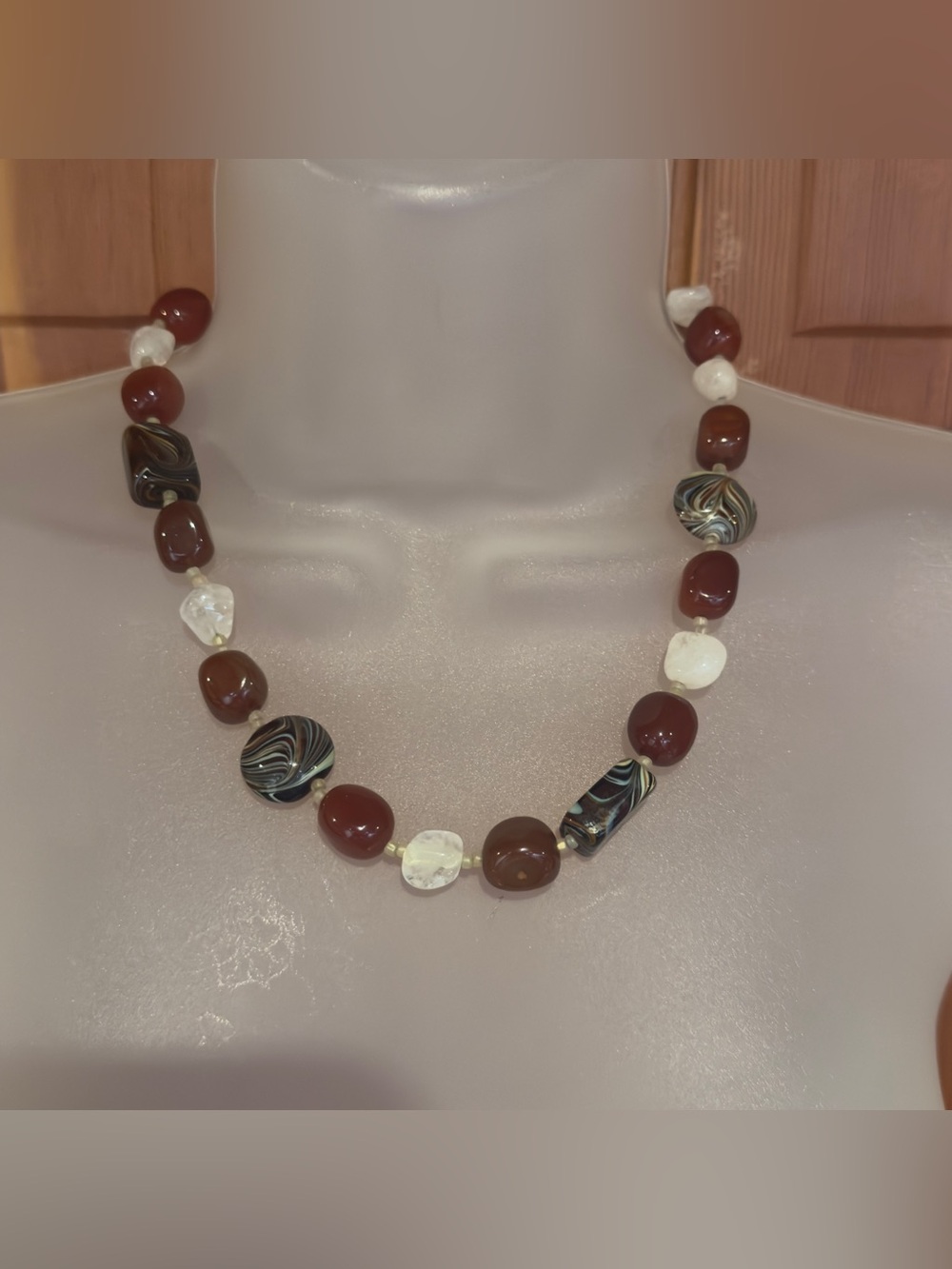 Gorgeous Handcrafted  real stone vintage Brown & White Beaded Necklace